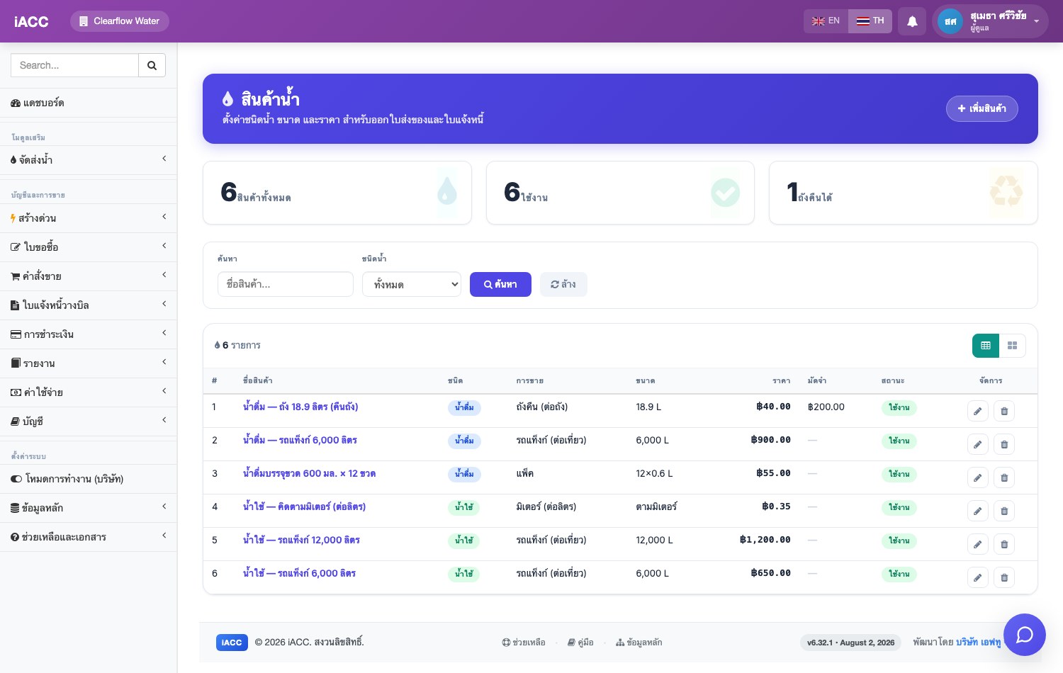 หน้าจอรายการสินค้าน้ำ แสดงชนิดน้ำ รูปแบบการขาย ขนาด ราคา และค่ามัดจำ